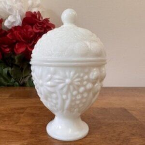 Avon Milk Glass Lidded Candy‎ Dish Pedestal Jar Embossed Fruit Floral Vintage